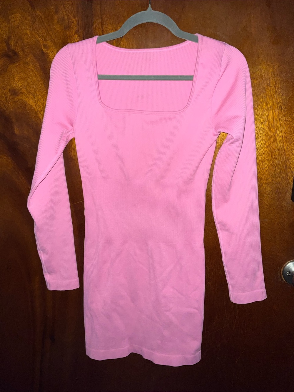Women's Long Sleeve Square Neck Pink Ribbed Top